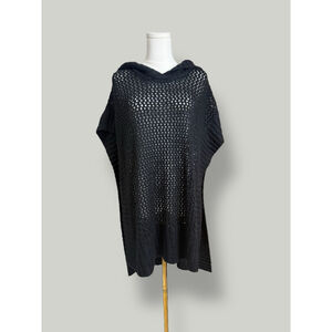 BCBG Coverup Women Size XS Black Knit Crochet Hoodie Beach Boho Pullover Poncho